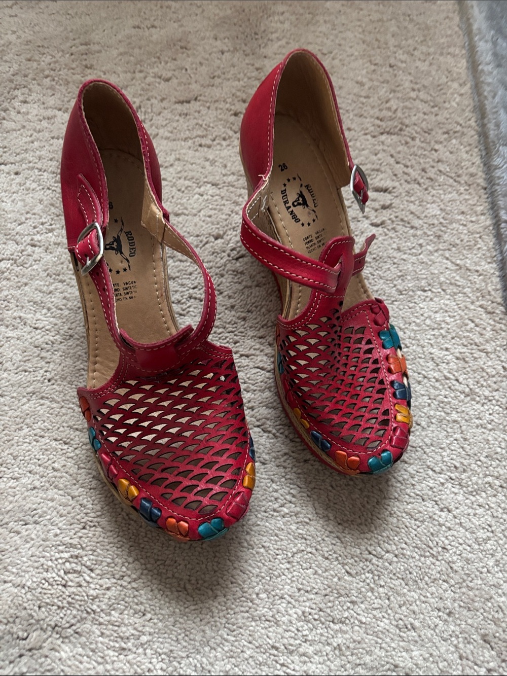 Women’s Red Woven Leather Sandals with Multicolor Trim